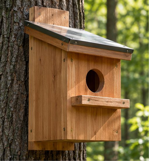 Front of the box with entrance hole and perch