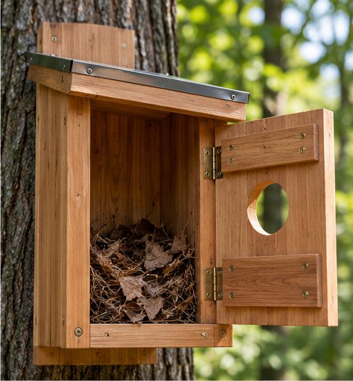 Box with front panel hinged open showing nesting material