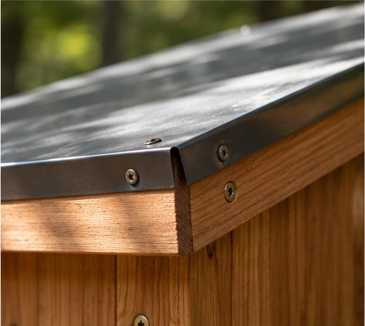 Close-up of the metal-capped roof edge