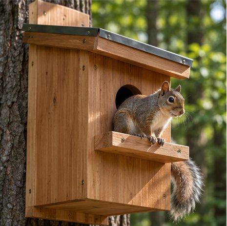 Grey squirrel on the perch of a cedar box mounted to a tree